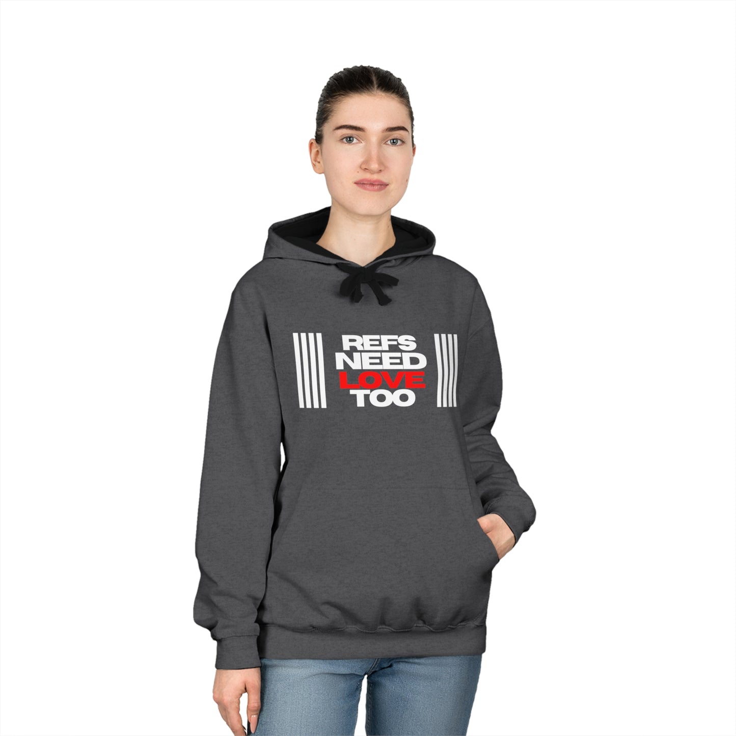 Refs Need Love Too Unisex Varsity Hoodie | Hooded Ref Sweatshirt | Warm Referee Apparel | Minimalist Design | For Sports Officials | Gifts for Refs