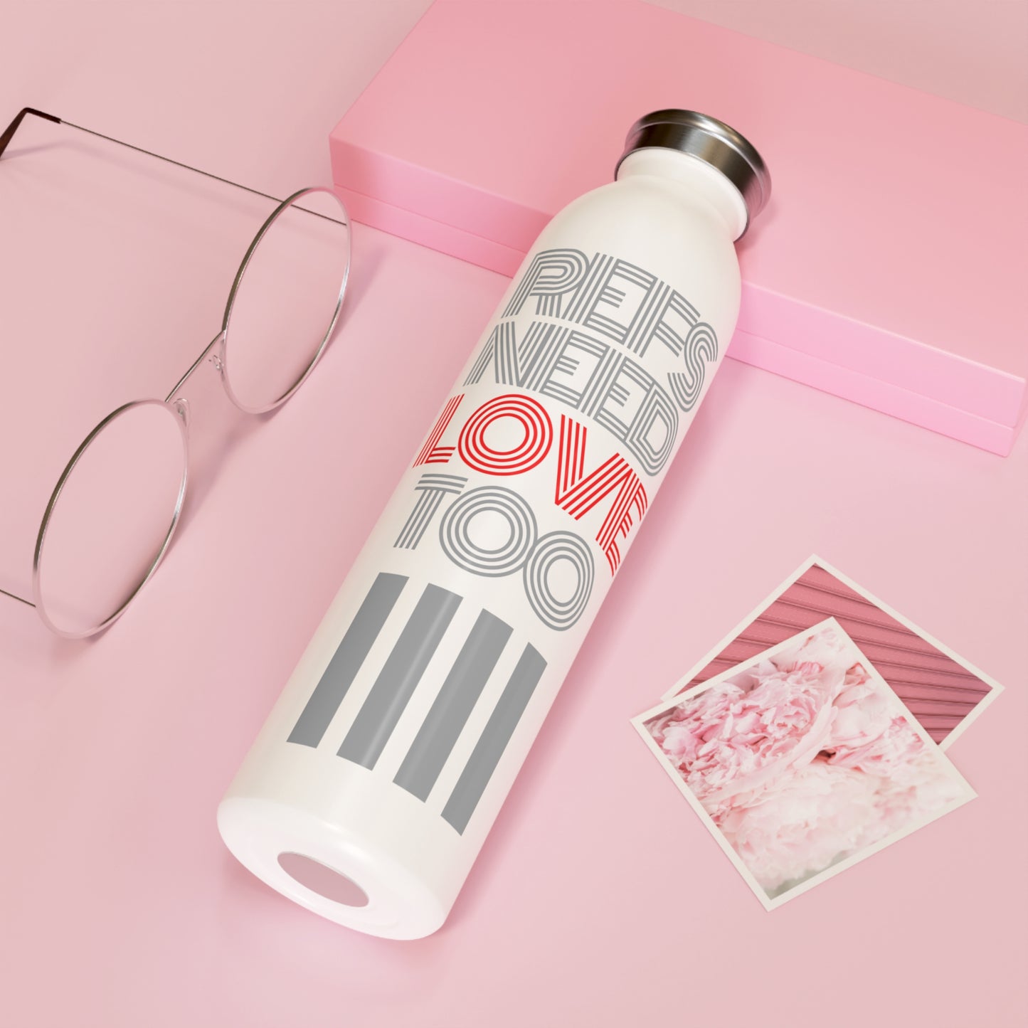 Refs Need Love Too Slim Water Bottle | Double Walled 20 oz. Stainless Steel Bottle | Gifts for Refs | Referee Gift | Front & Back label | Great gift for Moms, Dads | Stainless Steel