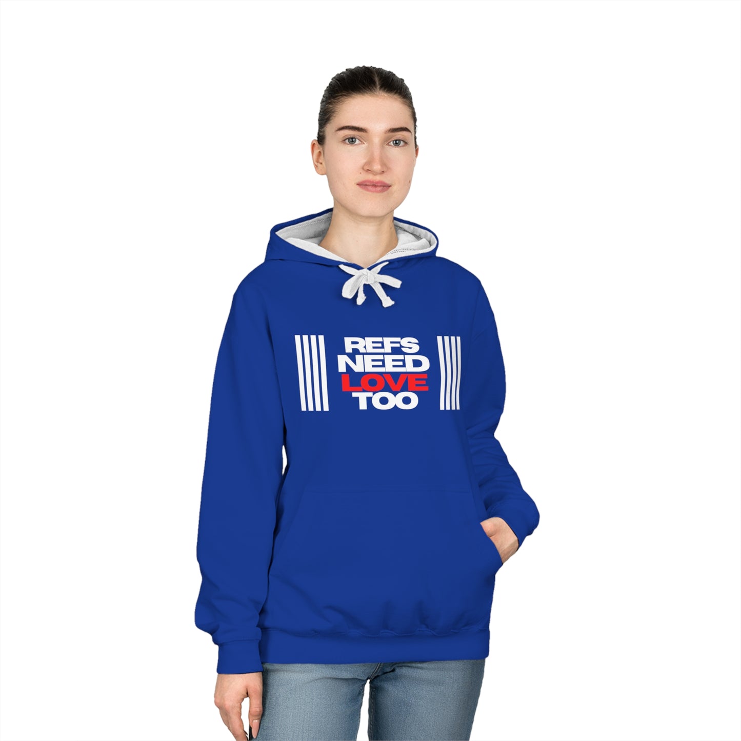 Refs Need Love Too Unisex Varsity Hoodie | Hooded Ref Sweatshirt | Warm Referee Apparel | Minimalist Design | For Sports Officials | Gifts for Refs