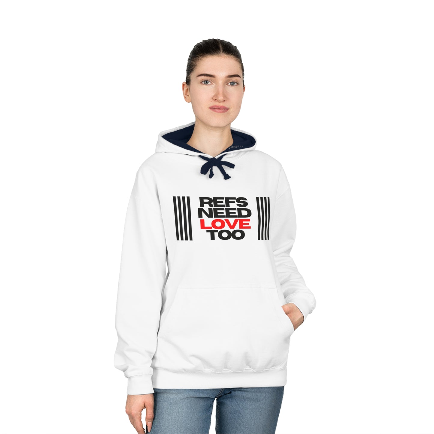 Refs Need Love Too Unisex Varsity Hoodie | Hooded Ref Sweatshirt | Warm Referee Apparel | Minimalist Design | For Sports Officials | Gifts for Refs