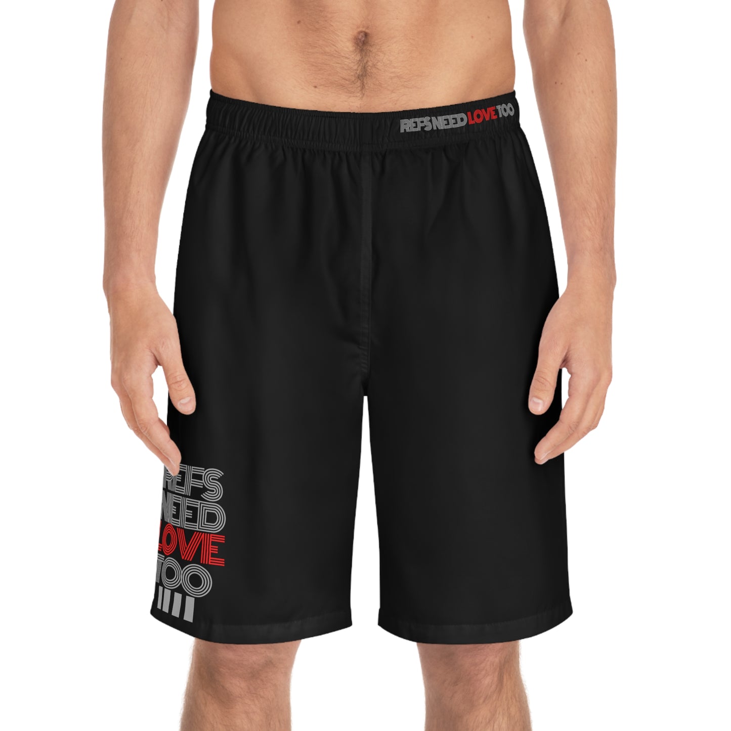 Refs Need Love Too Men's Board Shorts With Pockets | Available in Black only | Great gift for Refs | For Sports Officials | Great shorts for swimmers | Make a statement at the beach