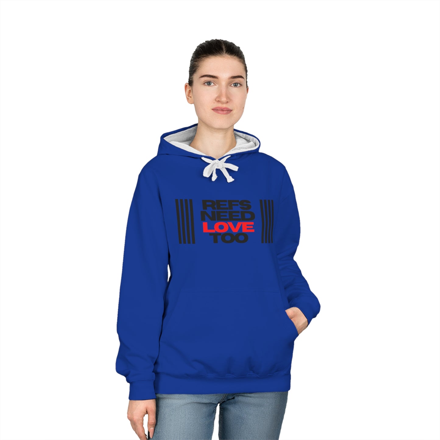 Refs Need Love Too Unisex Varsity Hoodie | Hooded Ref Sweatshirt | Warm Referee Apparel | Minimalist Design | For Sports Officials | Gifts for Refs