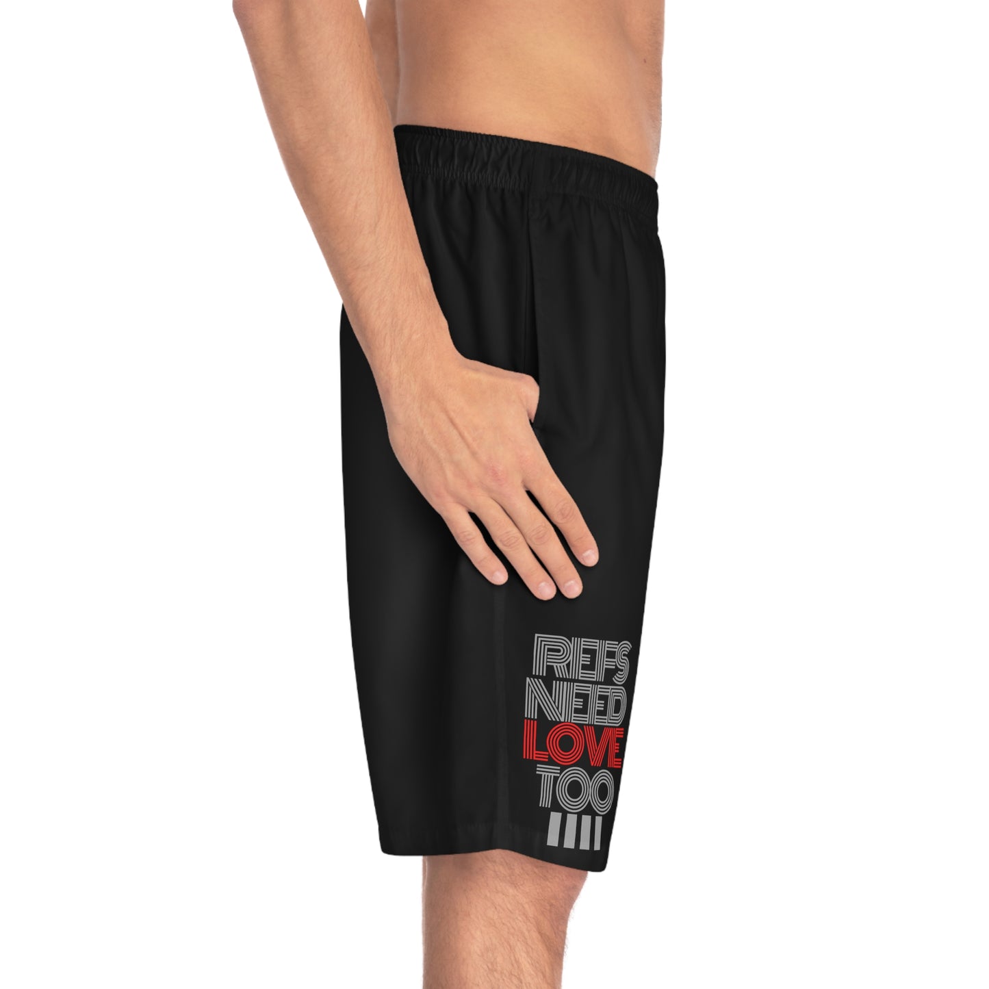 Refs Need Love Too Men's Board Shorts With Pockets | Available in Black only | Great gift for Refs | For Sports Officials | Great shorts for swimmers | Make a statement at the beach