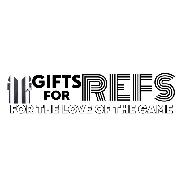 Gifts For Refs logo includes a gift box shape with a striped shirt embedded and the slogan "For The Love Of The Game"
